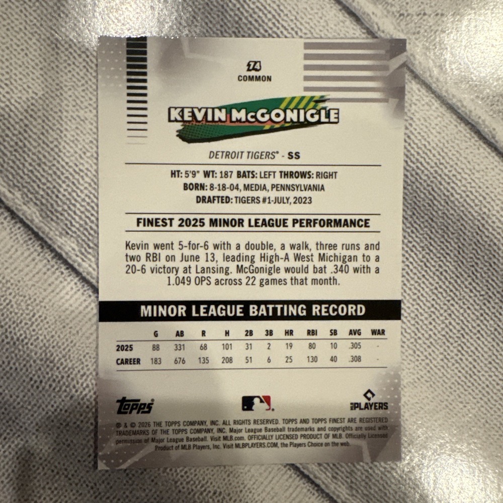 2026 Topps Finest Kevin McGonigle RC #74 Common Detroit Tigers Baseball Card - Picture 2 of 2